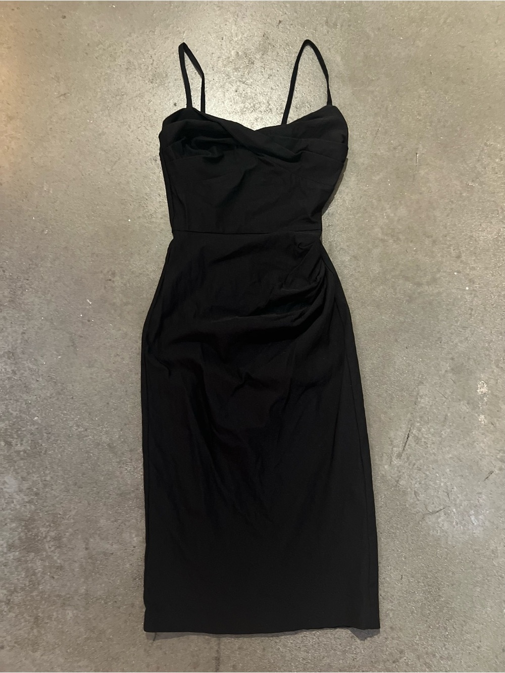 Stop Staring Black Ruched Spaghetti-Strap Midi Dress